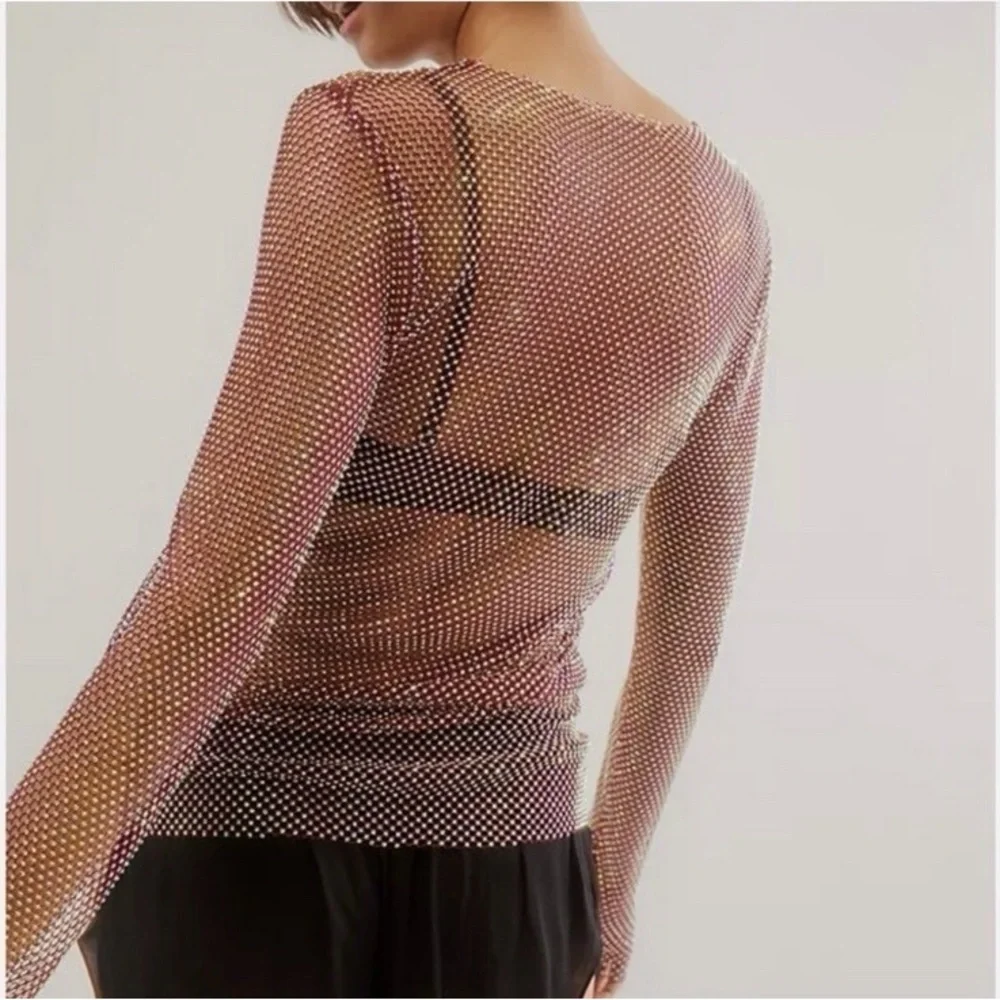 Free People Filter Finish Rhinestone Fishnet Ruby Red Long Sleeve Top Size XS